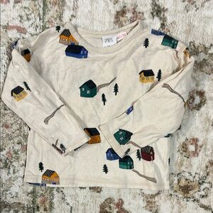Zara Kids Beige Long Sleeve Shirt with Colorful House Print